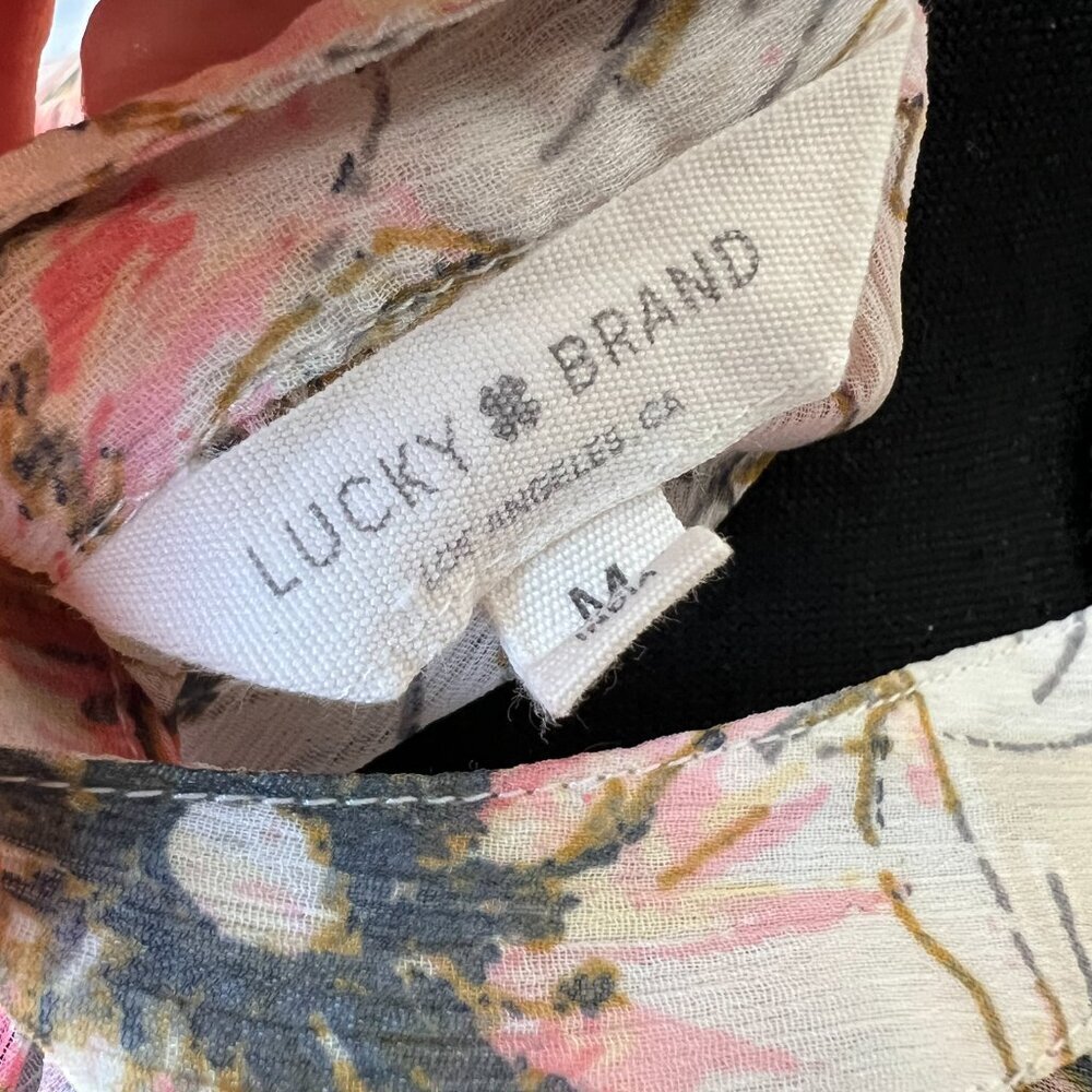 Lucky Brand White Floral Tie-Neck Peasant Blouse with Pink and Green Print - Picture 7 of 8